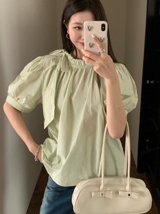 韩国chic夏季减龄复古设计感纯棉泡泡袖，衬衫圆领蝴蝶结系带衬衣女