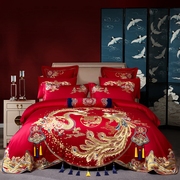 高端140支长绒棉婚庆四件套大红纯棉喜被龙凤刺绣，结婚房床上用品4