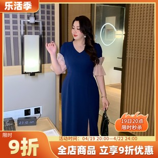 glec大码女装2024夏季高端时尚洋气收腰开衩花瓣，袖v领连衣裙