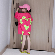 女童短袖T桖裙中长款儿童裙子宽松T桖2024韩版爱心织带上衣潮