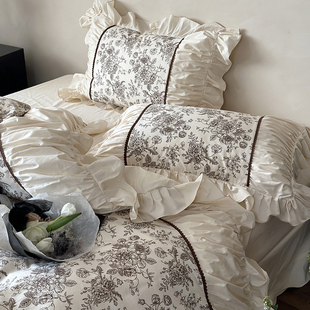 法式复古精梳全棉斜纹，印花四件套纯棉公主风，褶皱花边被套床上用品