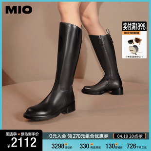 mio米奥2023年冬季圆头，方跟牛皮革靴子酷飒时装，靴骑士靴女靴