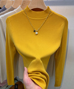 黄色长袖针织衫女2023秋冬修身百搭打底衫圆领套头薄款毛衣女