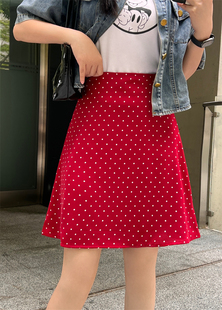 复古红色波点半身裙女夏季大码高腰包(高腰包，)臀中裙显瘦a字伞裙遮胯短裙