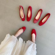 飞织针织圆头蝴蝶结，红色小皮鞋芭蕾舞鞋，2022浅口平底单鞋女