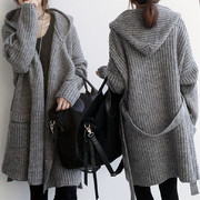 韩国中长款针织衫加厚大毛衣，开衫外套秋冬季女装宽松粗针粗线毛线