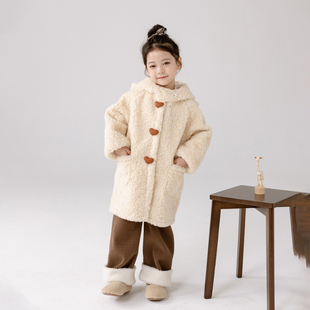 女童冬季长款羊羔绒，连帽外套儿童，中大童韩版毛毛加绒加厚大衣