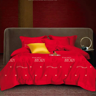 纯棉四件套高档全棉，被套4件套100%大红色喜庆床单款