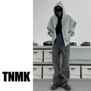 tnmk美式重磅500g灰色开衫卫衣，男女纯色基础连帽短款拉链帽衫外套