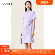 Amii2024夏复古优雅小立领斜襟短袖连衣裙旗袍式小黑裙子女