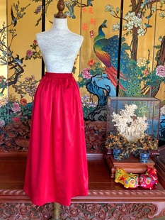 原创新中式夏姿大红色重磅真丝缎半身裙伞裙百褶裙复古优雅大摆裙