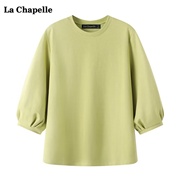 拉夏贝尔/La Chapelle韩版宽松圆领套头T恤女休闲纯色七分袖上衣