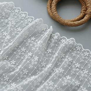 纯白色棉线绣花柔软网纱竖条纹刺绣蕾丝布料裙装打底服装面料