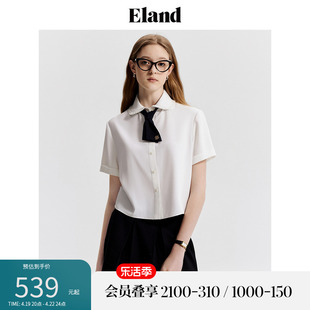 eland衣恋白色短袖，衬衫女蝴蝶结领带雪纺，衫上衣2024夏季