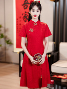 中国风红色送考短袖旗袍裙夏季2024新娘敬酒服新中式小个子礼服裙