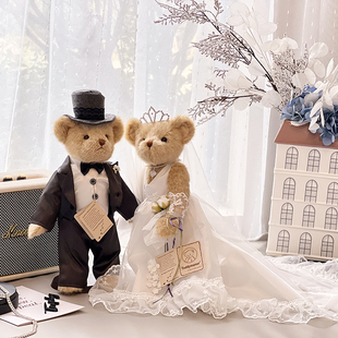 大拖尾婚纱情侣泰迪熊婚庆压床娃娃婚纱，关节熊婚礼(熊，婚礼)甜品台装饰一对