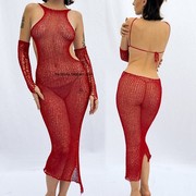 红色镂空网纱针织露背半袖，套装紧身收腰连衣裙，女圆领露肩包臀裙