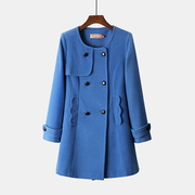 撤柜好货女装秋冬款，蓝色圆领双排扣中长款简约百搭羊毛呢子外套