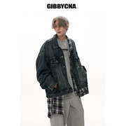 gibbycna设计感假两件拼接牛仔外套，格子衬衣外套男做旧牛仔夹克