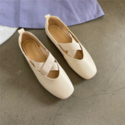 2023女鞋韩版复古纯色真皮，羊皮交叉带芭蕾舞鞋，平跟浅口方头单鞋