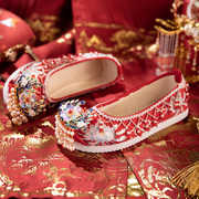 婚鞋古风汉服鞋子圆头平底珍珠流苏串珠中式新娘秀禾鞋红色绣花鞋
