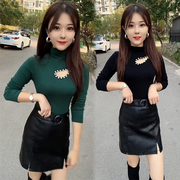 半高领t恤女23春季韩版镂空钉珠设计感长袖显瘦时尚上衣打底衫秋