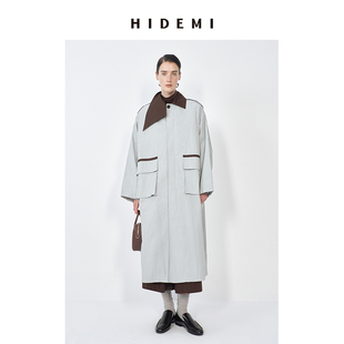 hidemi冰绿色撞色设计感翻领撞色拼接廓形长风衣外套