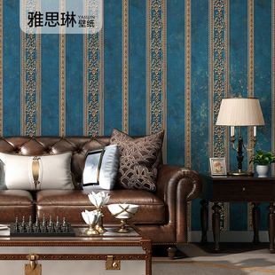 3d立体欧式竖条纹，墙纸无纺布复古美式卧室，客厅背景墙壁纸蓝色绿色