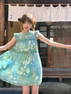 新中式立领孔雀蓝色，小飞袖短款连衣裙夏季复古显瘦国风裙子女