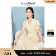 Goodland美地女装2023夏季法式V领优雅泡泡袖收腰连衣裙