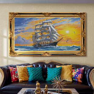 油画迎着朝阳帆船十字绣，2024客厅欧式帆船gk混绣一帆风顺满绣