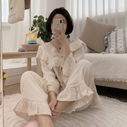 LUNALUZ2020秋季款韩国纯棉甜美蕾丝荷叶边长袖V领睡衣套装女