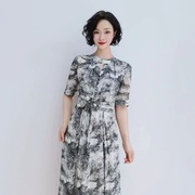 X050 夏季时尚长款水墨花短袖雪纺高端优雅气质连衣裙A10