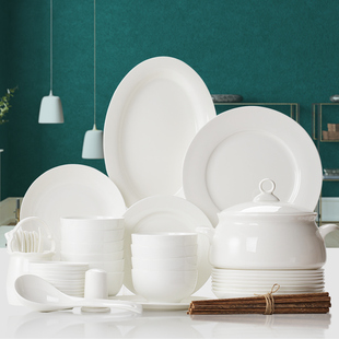 唐山纯白56头骨瓷餐具碗碟套装家用中式瓷器餐具套装碗盘套餐餐具