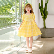 女童夏季黄色格子纯棉布，宽松连衣裙儿童中大童公主，短袖a字大摆裙