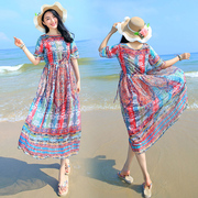 波西米亚胖mm大码沙滩裙中长款海边度假显瘦长裙，中袖连衣裙夏宽
