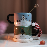 Hi Lovely.冬日礼物雪人圣诞树堆雪房屋双面高温陶瓷咖啡杯送勺