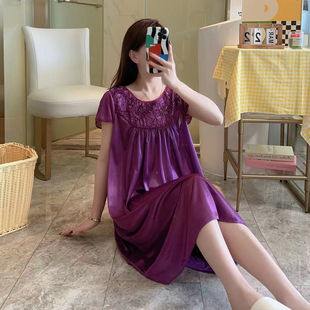 短袖睡裙女冰丝夏季2024蕾丝，花朵深紫色性感薄款连衣裙睡衣女