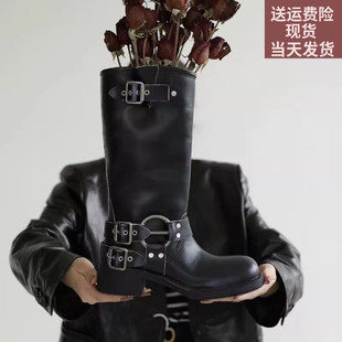 单扣长筒靴女miu家阿希哥同款2023年超火方头，粗跟高筒靴棕色靴子