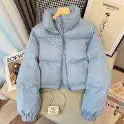 蓝色简约短款立领棉服女冬季2023年韩版时尚保暖面包，服外套潮