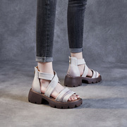 高档时尚女士24夏季头层牛皮厚底凉鞋，露趾粗跟罗马鞋高跟凉靴
