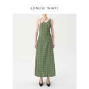 CONCISE-WHITE简白 格纹绑带镂空连衣裙2023夏季