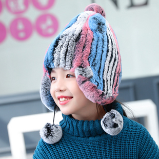儿童冬季真皮草保暖獭兔毛帽子 男女中大童加厚护耳帽兔毛毛球帽