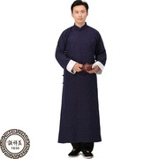 中式棉麻传统复古春秋季长袍唐装男长袖民族，演出服装立领盘扣长衫