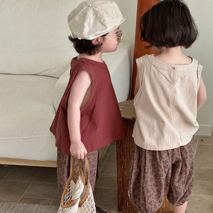 儿童棉麻套装夏季2024男女童背心中裤两件套韩版宝宝夏装衣服