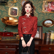 韩版洋气纯色女式衬衫春秋装新中式国风盘扣立领旗袍气质长袖衬衫