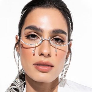 欧美时尚朋克水滴锆石半圆眼镜框 街拍水钻镜框女