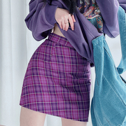 紫色复古格子半身裙女2024春秋，高腰显瘦韩系包臀，百搭a字短裙