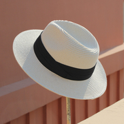 夏季可折叠黑白平宽檐，男女亲子草帽巴拿马礼帽遮阳帽子，情侣沙滩帽