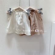 韩国童装女童2024夏季款无袖，衬衣儿童宽松棉麻，蝴蝶结简约气质衬衫